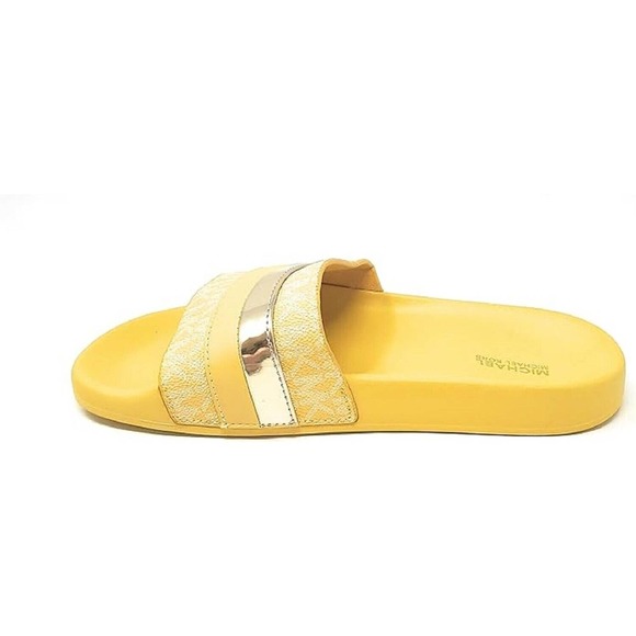 Michael Kors Brandy Metallic Striped Logo Slide Sandal Daffodil Yellow Nib $85 - Picture 3 of 3